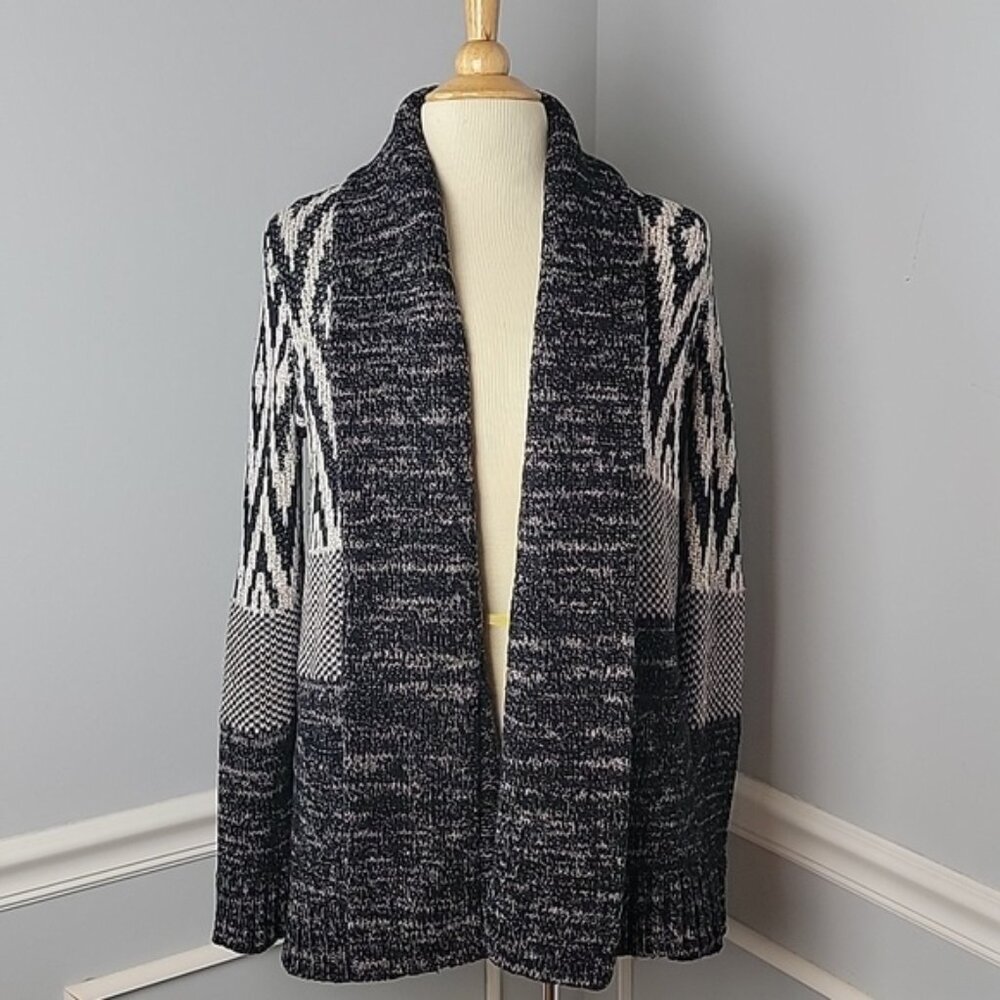 LUCKY‎ BRAND Black Gray Chevron Knit Southwestern Drape Open Cardigan Sweater M